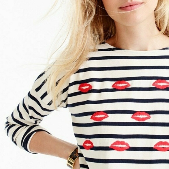 J.Crew Embroidered Lips Stripe Long Sleeve Tee - Picture 2 of 6
